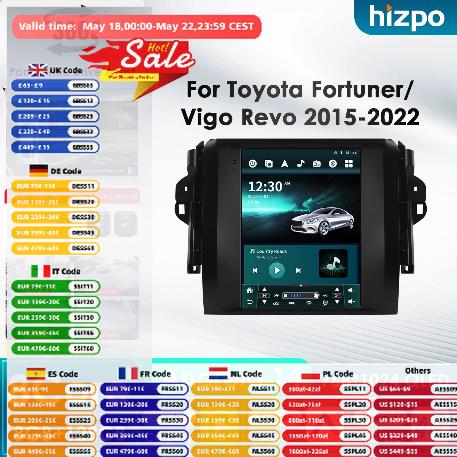 Lettore Multimediale Android per Auto Toyota Fortuner 2015-2022 HILUX Revo, Schermo Intelligente Stile Tesla 9.7 con GPS e Carplay