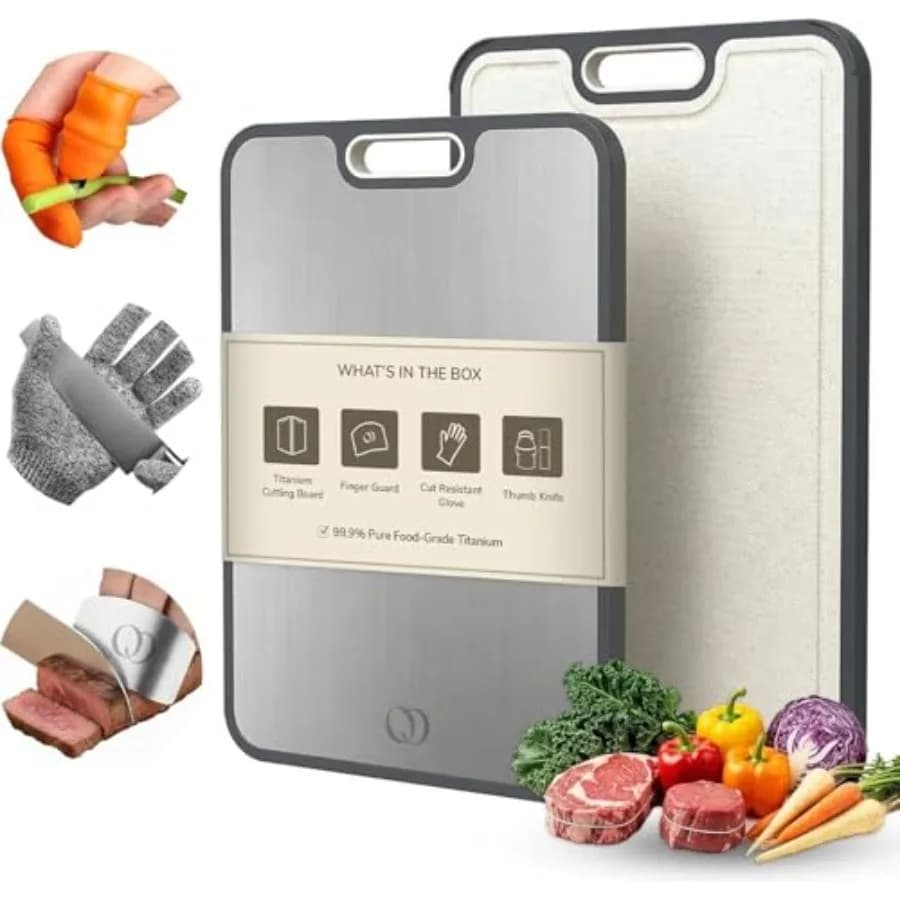 Double surface titanium cutter 15 x 10, metal kitchen cutter for meat, fruit and vegetables with protection glove for fingers.