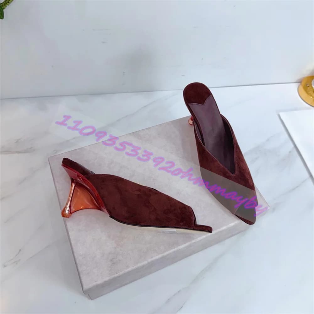 Women'S Wine Red Suede Mules Pointed Toe Metallic Kitten Heel Slip-On Sandals Faux Suede Open Toe Slides Casual Party Shoes 46