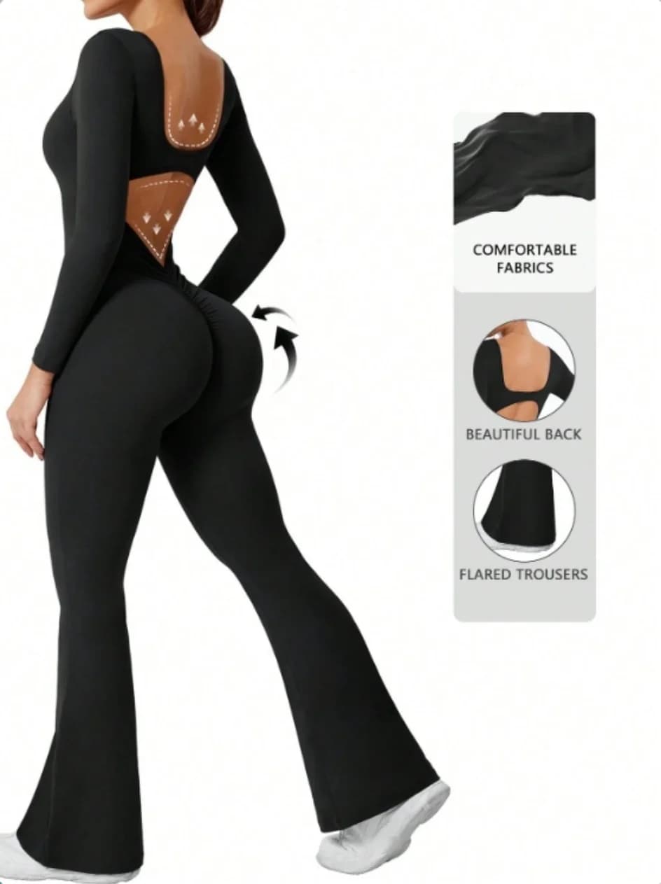 Tuta da allenamento a compressione a maniche lunghe in tinta unita di alta qualità, abbigliamento sportivo da donna, pantaloni con fondo a campana, set da yoga push up sexy
