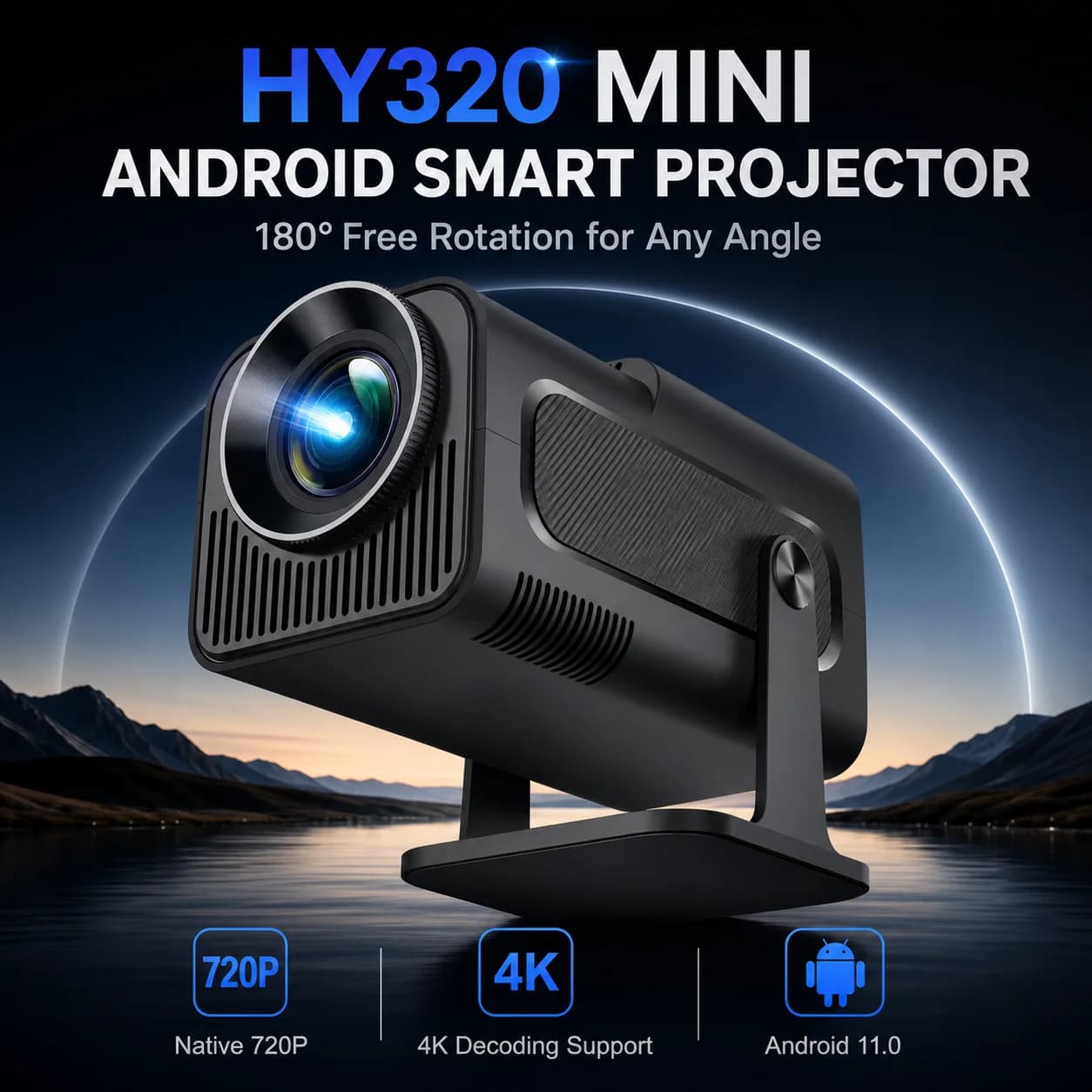 Mini Projector Native 720P Android 11 WiFi 6 BT 5.0 300 ANSI Lumens Auto Keystone 180 Degree Rotation