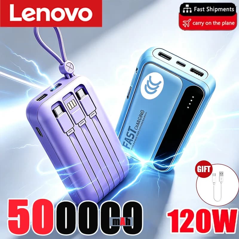 Lenovo New 500000mAh Capacity Mini 4 Cables Power Bank Fast Charging Portable External Battery Supply For iPhone Samsung Xiaomi