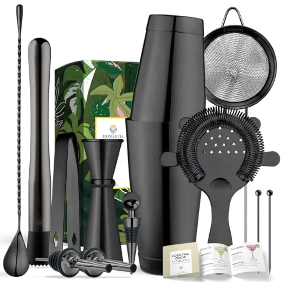 Set da Cocktail Professionale - Kit Barman 12 Pezzi in Acciaio Inossidabile con Shaker Boston, Cucchiaio da Miscelazione, Muddler, Jigger e Strainer