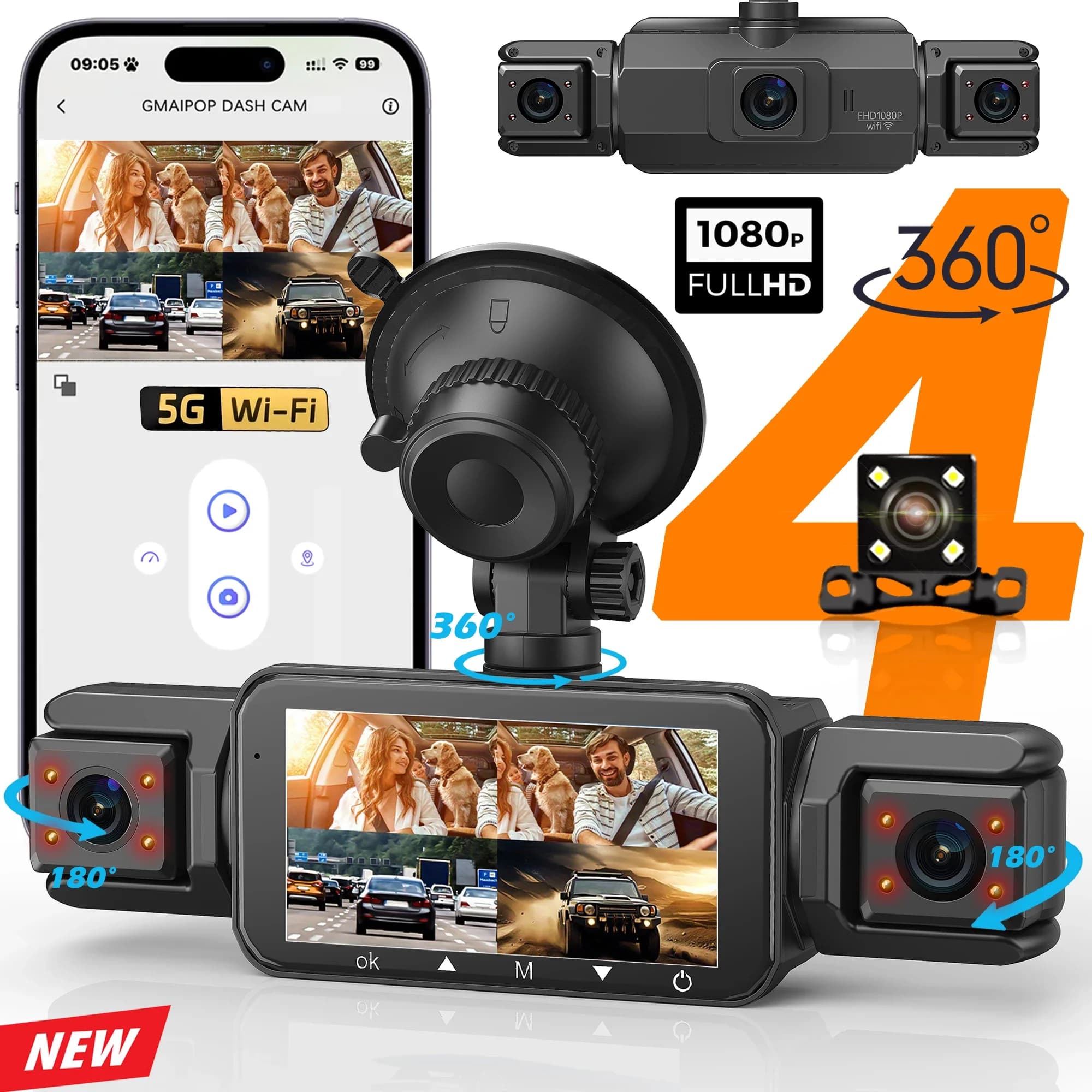 Dash Cam per Auto a 4 Canali con WiFi, FHD 1080P, Visione Notturna, Registrazione in Loop, Kit di Cablaggio, Accessori Auto, Sensore G per Parcheggio