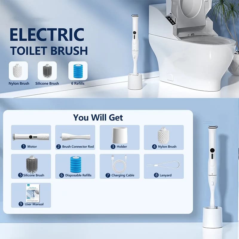 Electric Toilet Brush and Holder Set 9 in 1 Electric Toilet Bowl Cleaning Kit with Replaceable Brushes Nylon and Silicone Toilet