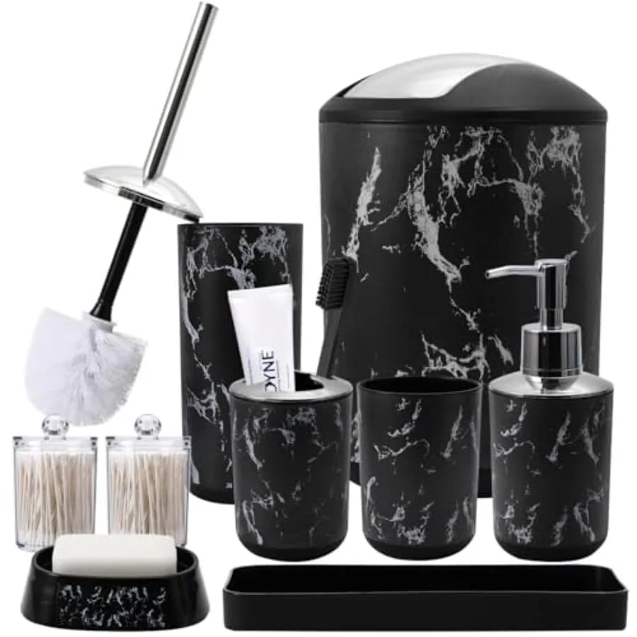 Accessori, neri, con cestino, vassoio portaoggetti, dispenser sapone, portasapone, portaspazzolino, bicchiere per spazzolino, spazzolino da bagno e
