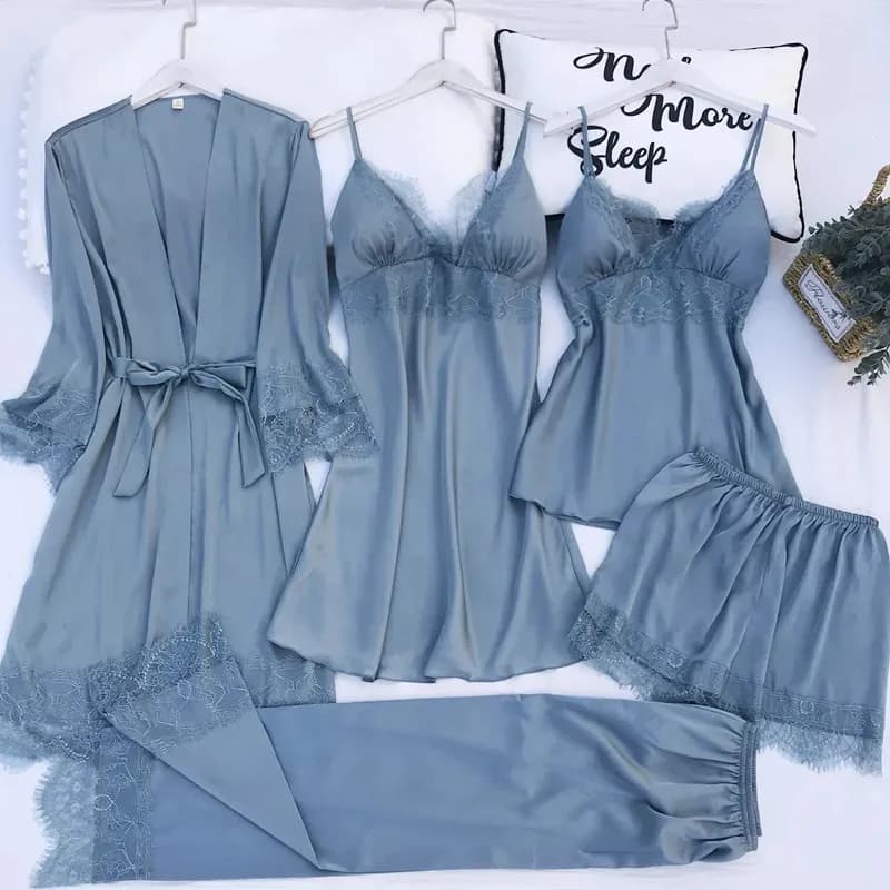 Set Pigiama in Seta e Raso da Donna, Lingerie con Pizzo, Completo Pigiama Primaverile con Spalline, Abbigliamento da Notte Femminile con Imbottitura sul Petto, Abbigliamento per Casa d'4o