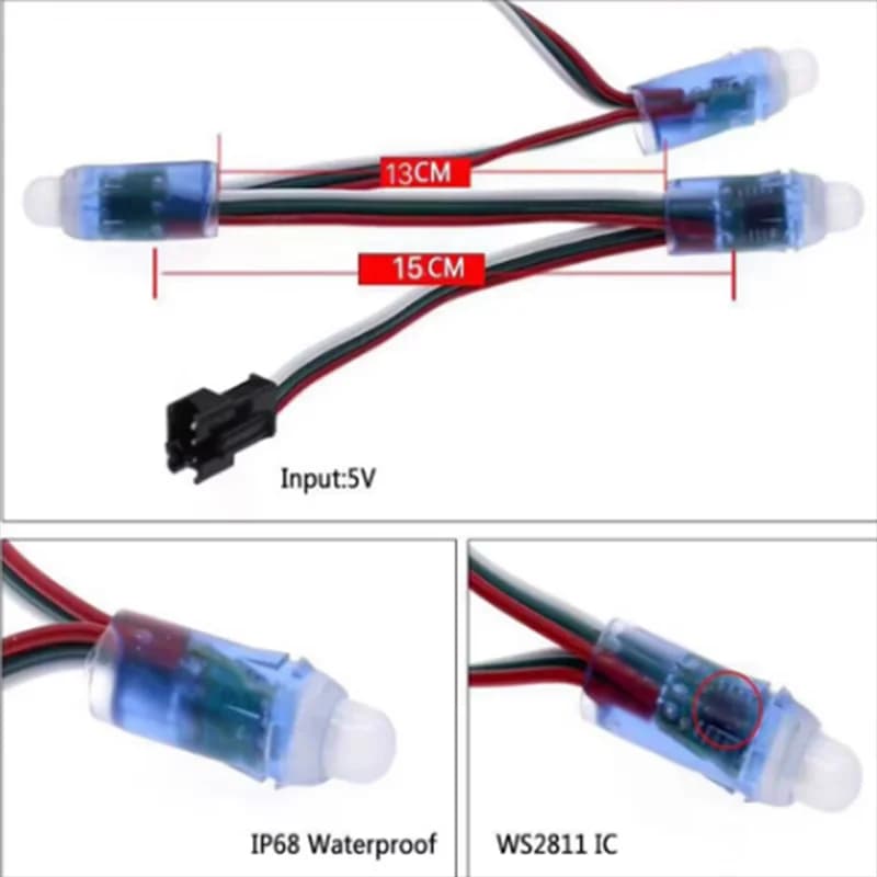 2024 nuovo DC5V 50 nodi/stringa 7 pollici (18cm) spaziatura WS2811 addreable LED pixel string light,IP68;RGB full color;24AWG wire