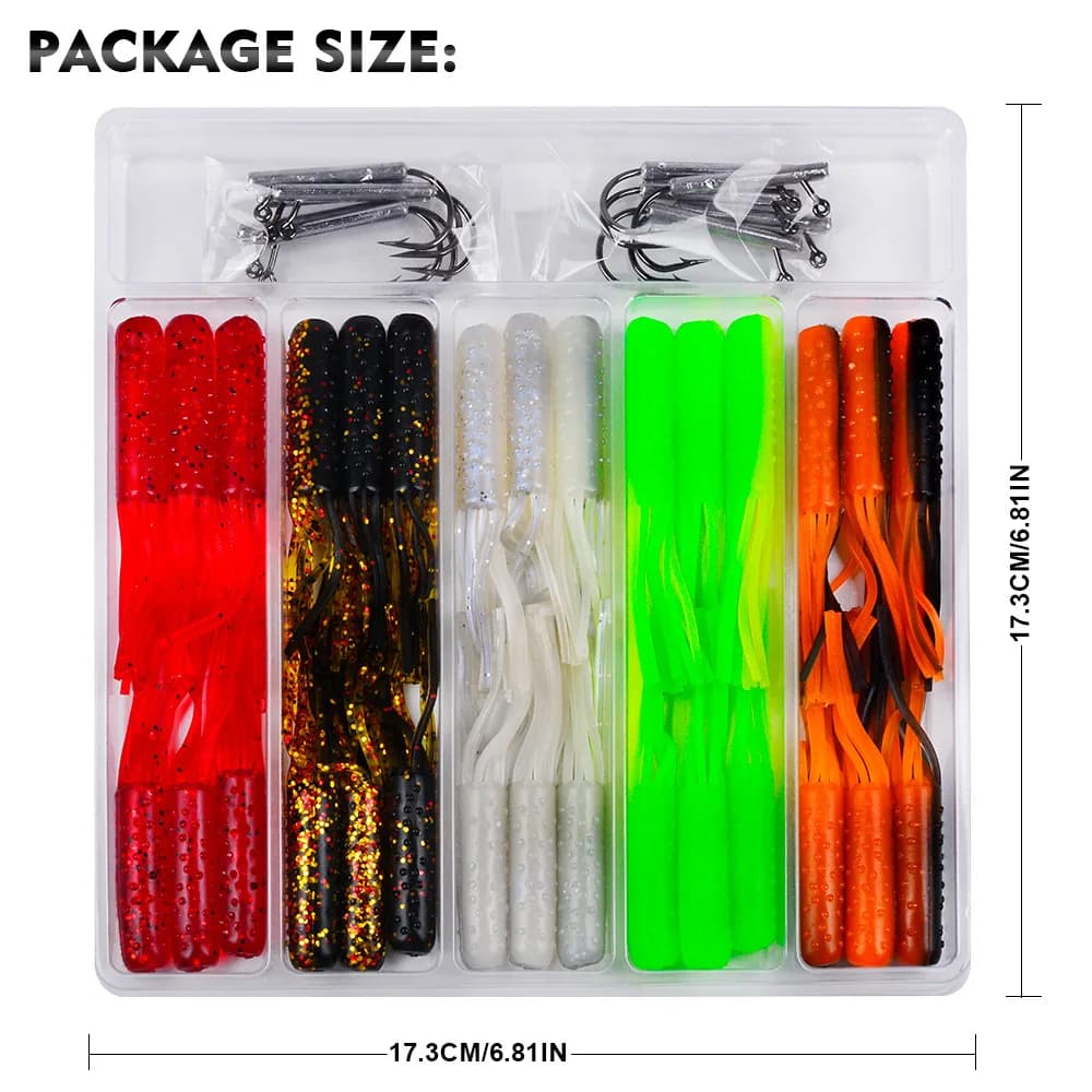 Set di 40 esche morbide a tubo in silicone con ami offset, per la pesca in acqua dolce e salata, attrezzatura per la pesca al branzino