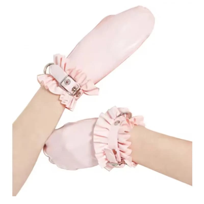 Pink Sexy Latex Gloves With Belts And D Rings Ruffles Rubber Mitts