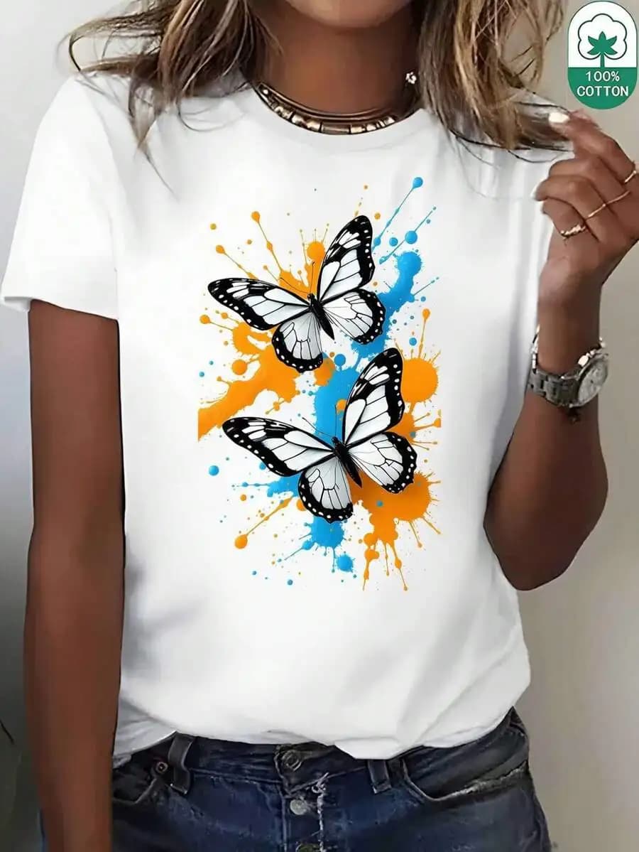 T-shirt estiva con stampa farfalle, leggera ed elastica, perfetta per l'uso quotidiano e per i viaggi