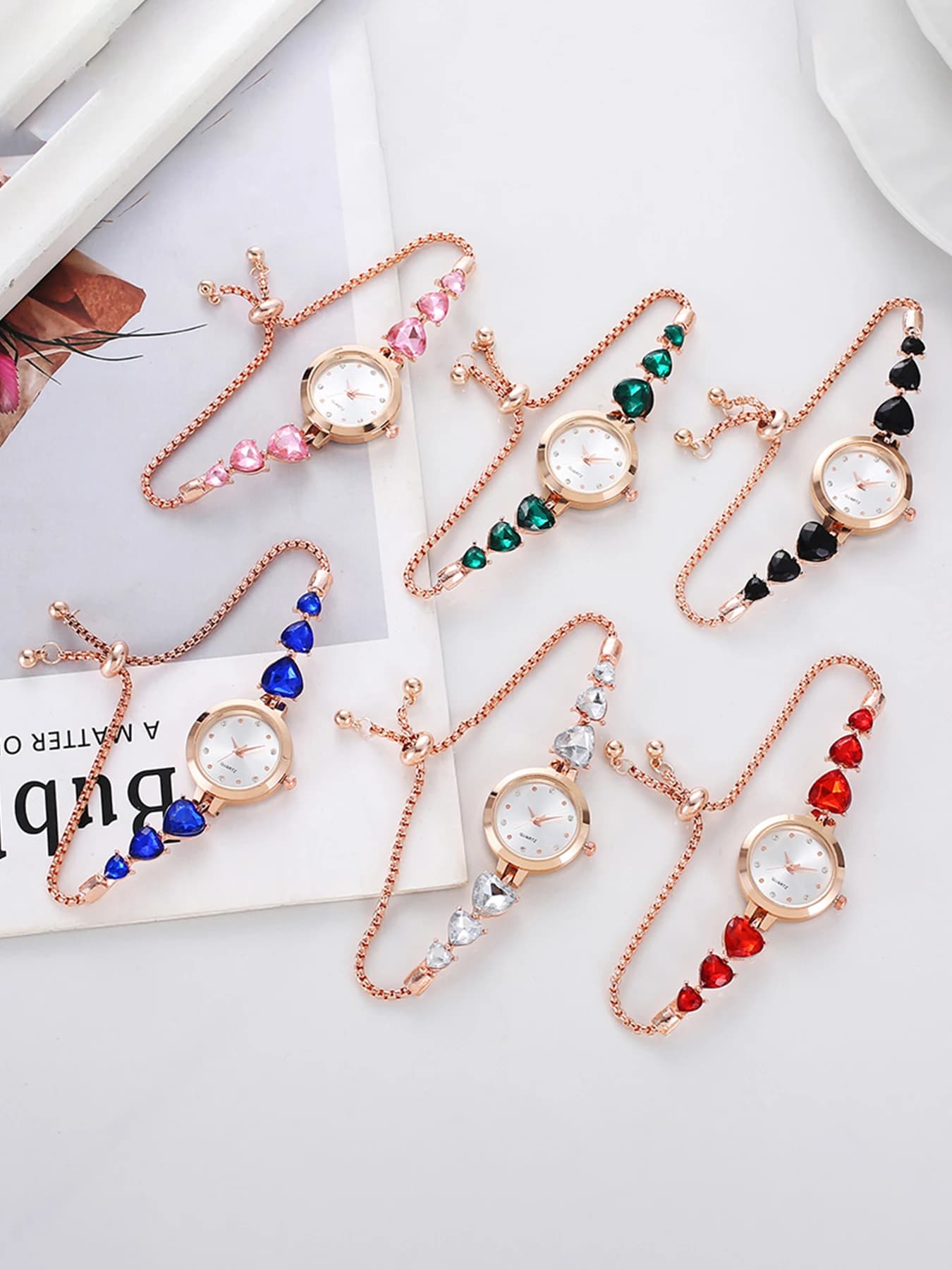 Luxury wrist watch with Crystal Heart Bracelet for Women, Adjustable Rose Gold Chain, Multicolor Gem Watch, Perfect Gift for Boy Friendship