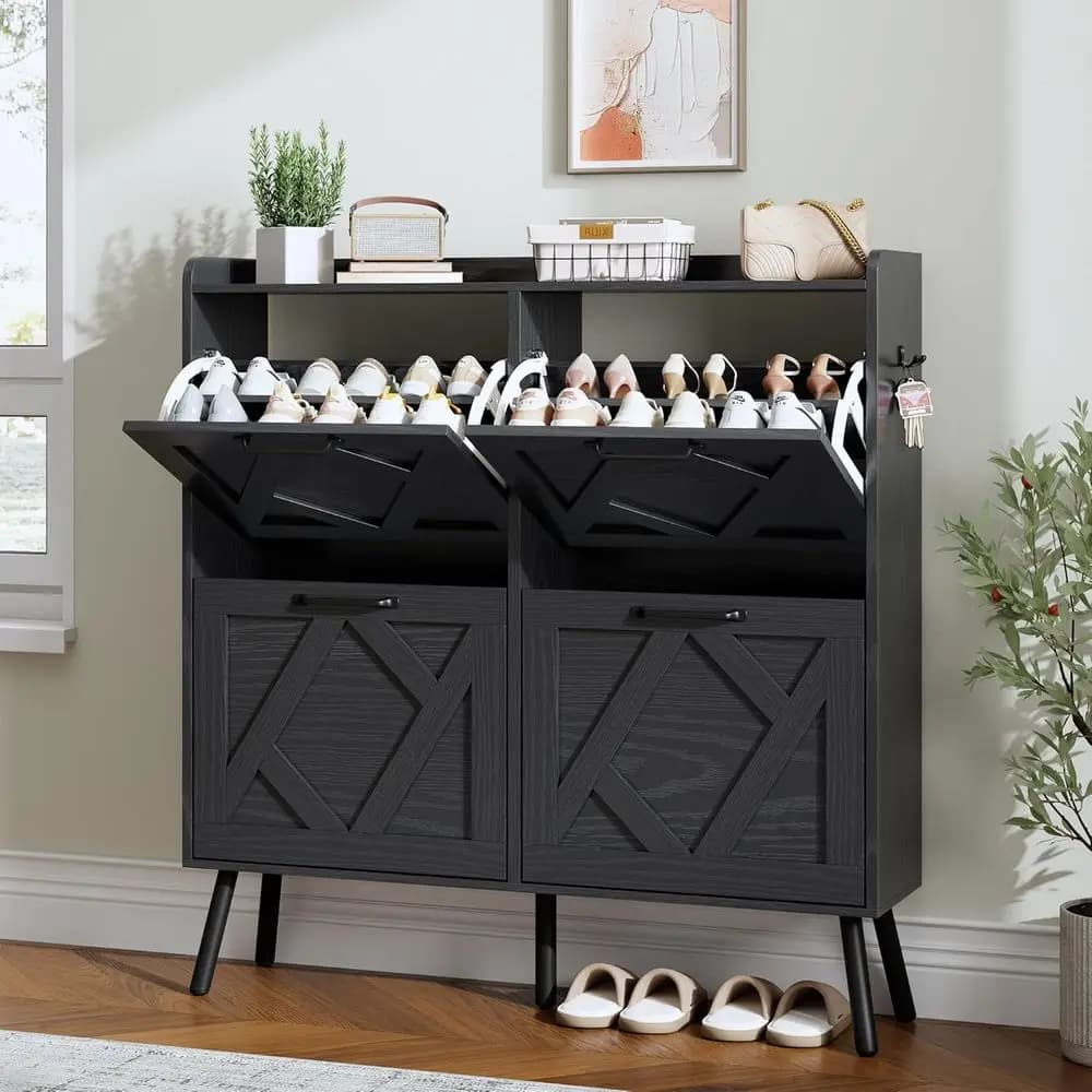 Mobiletto Portascarpe per Ingresso Stretto con Gambe in Metallo, Ideale per Corridoio, Design a 4 Ripiani, Nero