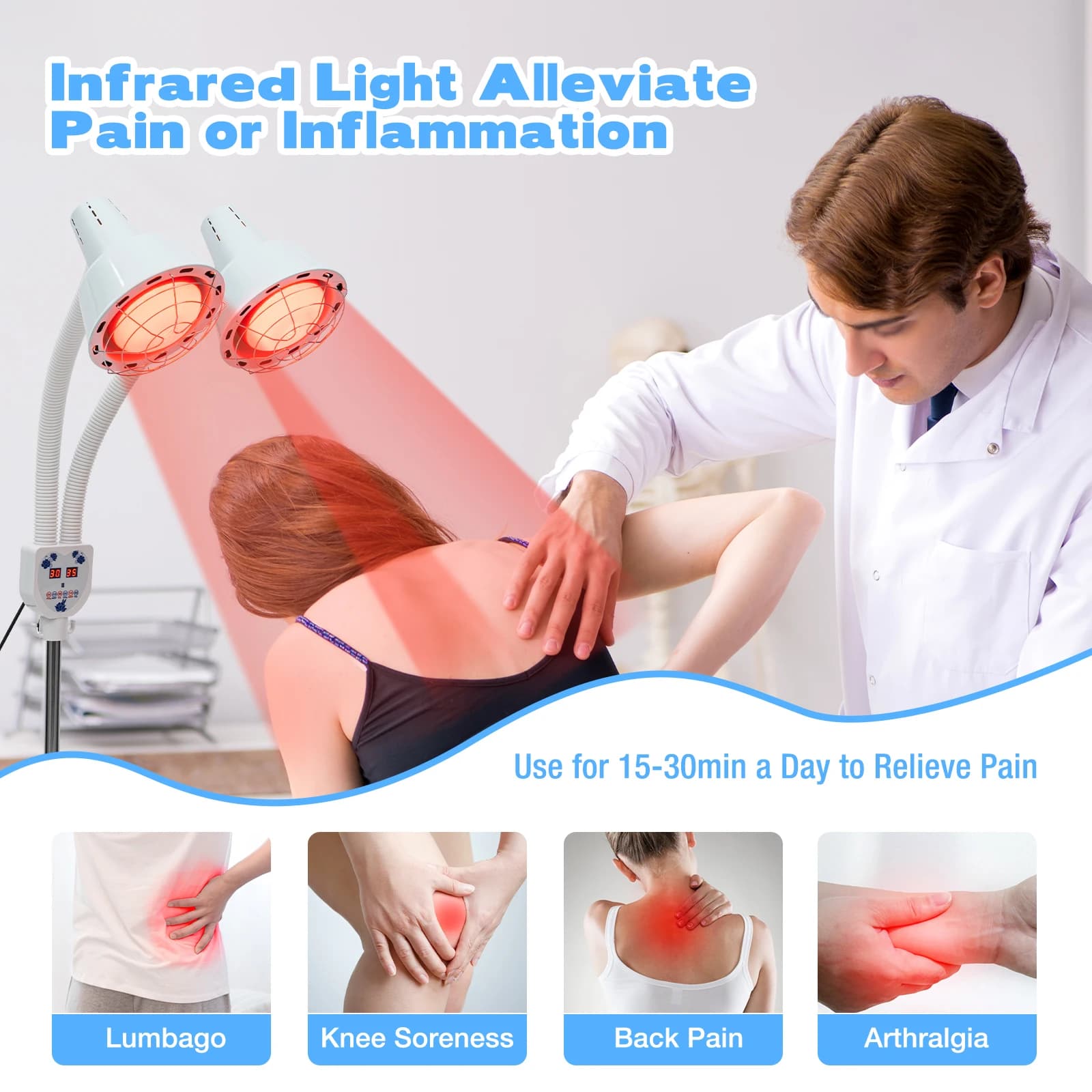 Lampada termica a infrarossi a due teste da 275 W, luce timer di bellezza regolabile, 360 ° Lampade riscaldanti girevoli per assistenza sanitaria