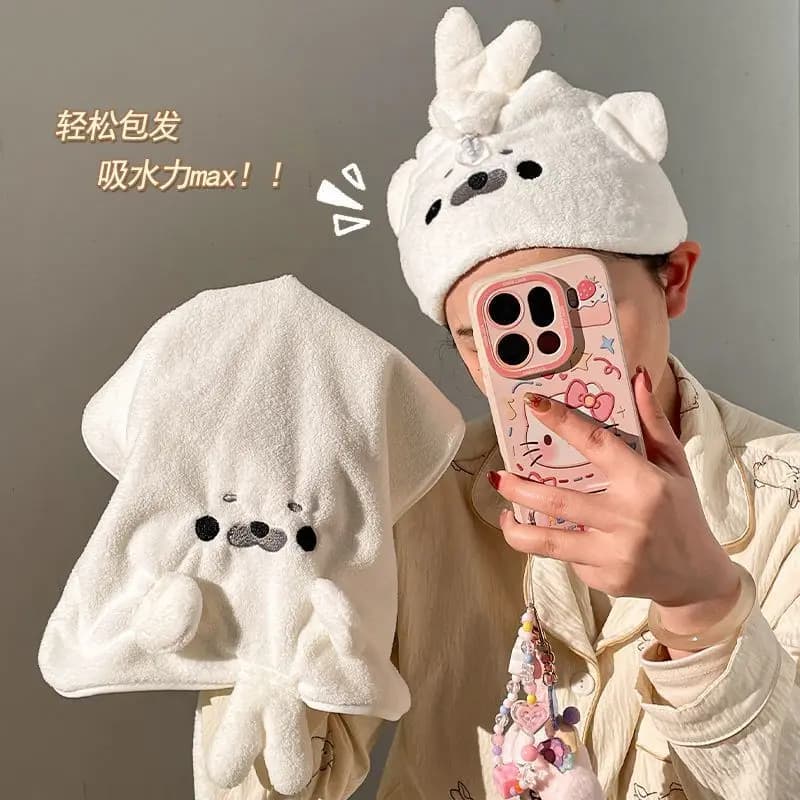 Cute Cartoon Seal Microfiber Hair Towel Wrap, Quick Absorbent Dry Hair Cap, Soft Plush Hair Drying Turban for Shower Bath