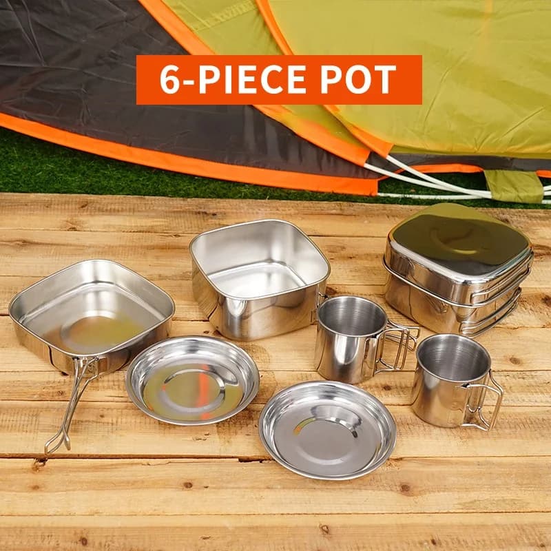 6 pezzi pentola da esterno campeggio pentole in acciaio inossidabile stoviglie tazza da picnic ciotola padella set da cucina portatile per viaggi escursionistici