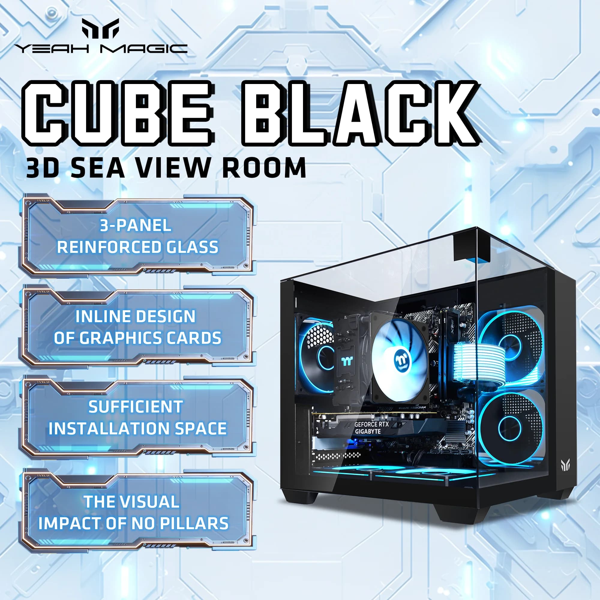 Case MATX Yeah Magic Cube di Alta Gamma con Tre Lati in Vetro, Vista Panoramica, per Gaming e Computer Aziendali