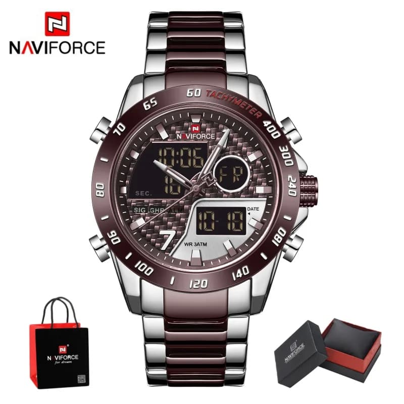 NAVIFORCE Men‘s New Analog Digital Watch 3ATM Waterproof Luminous Date Week Stainless Steel Sport Outdoor Wristwatch Gifts Box