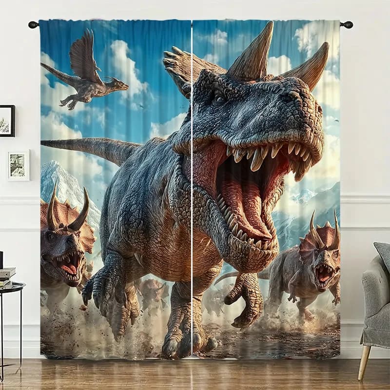 Curtain Panels Dinosaur T Rex Jurassic Scene Window Curtains Jungle Theme Home Decor Dramatic Prehistoric Raptor Curtain Wall