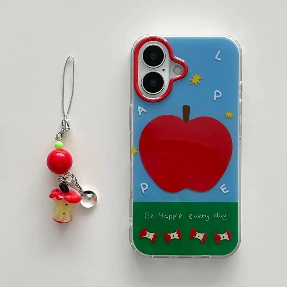 Phone Case For iPhone 16 15 14 13 12 11 8 7 X XS XR Mini Pro Max Plus New INS Fruit apple Print Protective Cover With Ornaments