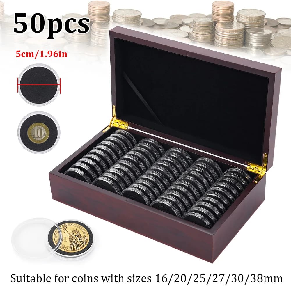 Scatola in Legno per Collezione di Monete (50 Pezzi) con Cuscinetti Interni 16/20/25/27/30/38MM per Francobolli, Segni Zodiacali, Banconote - Contenitore Commemorativo