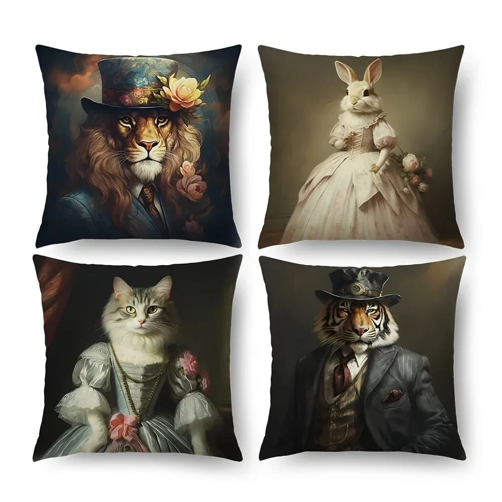 Home Decor Fantasy Animals In Victorian Costumes Pillow Covers Pattern Cushion Cover Suitable For Sofa Bedroom Car Pillow Cover