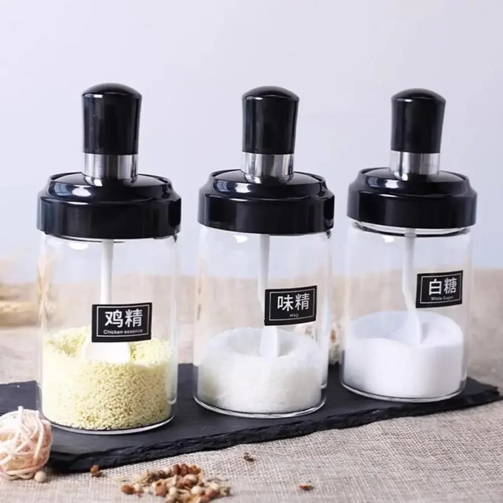 Bottiglie di condimento in vetro a prova di perdite con dispenser di sale con coperchio per cucchiaio per set di stoccaggio da cucina
