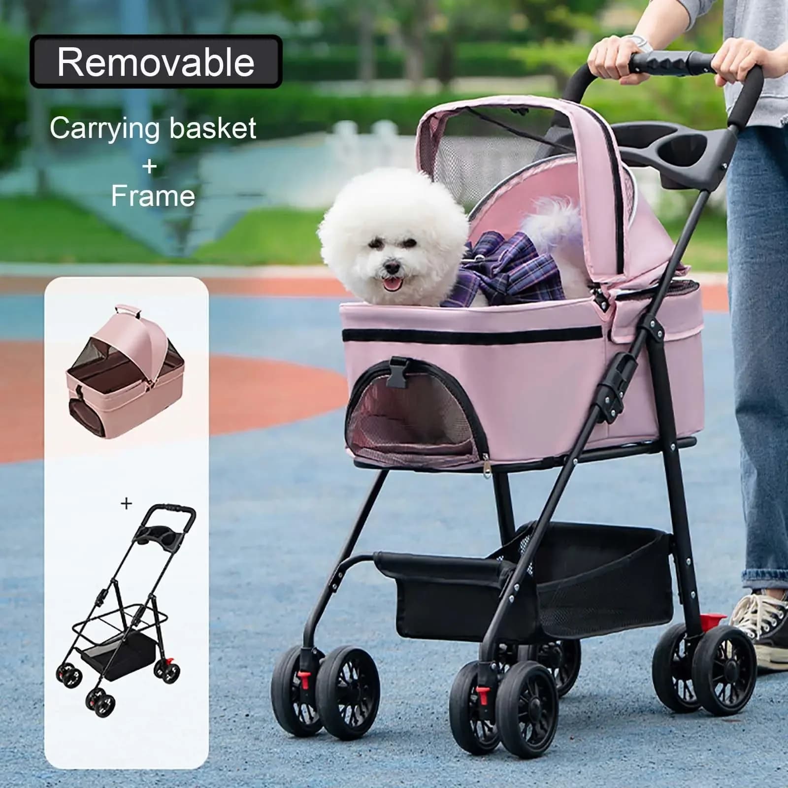 2026 Foldable Double Pet Stroller with Detachable Carrier, 4-Wheel Dog & Cat Trolley with Storage Basket