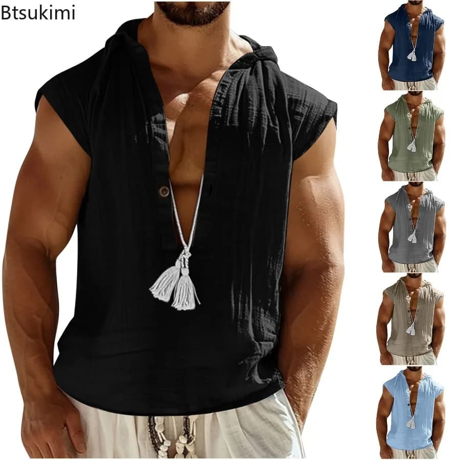 New Casual Mens Linen Tank Top Loose Hooded Vest Shirt Summer Daily Leisure Breathable Men Vintage Sleeveless Deep V Neck Shirts