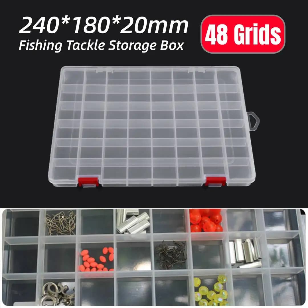 Transparent Plastic Fishing Lures Storage Box with 48 Parts, PP Plastic Container for baits, hooks and fishing accessories