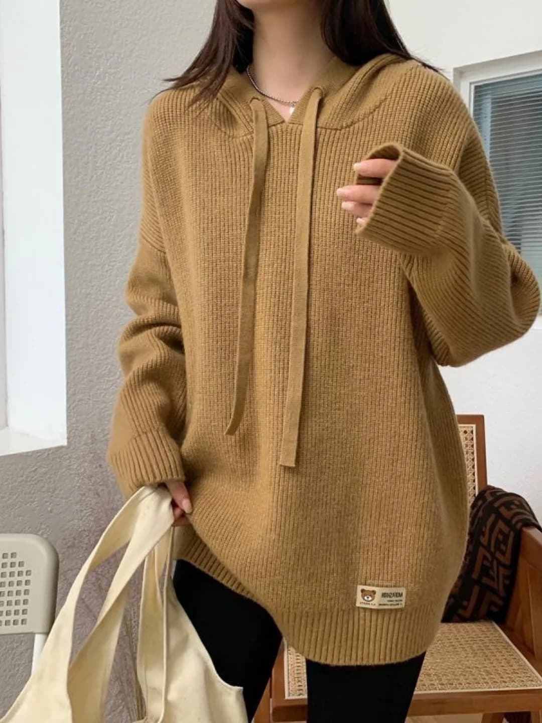 plus Size Lazy Sle Hoodie Knitted Sweater Thi Long Sve Overhead Pure Color Women's Faion Casual Winter Clothes