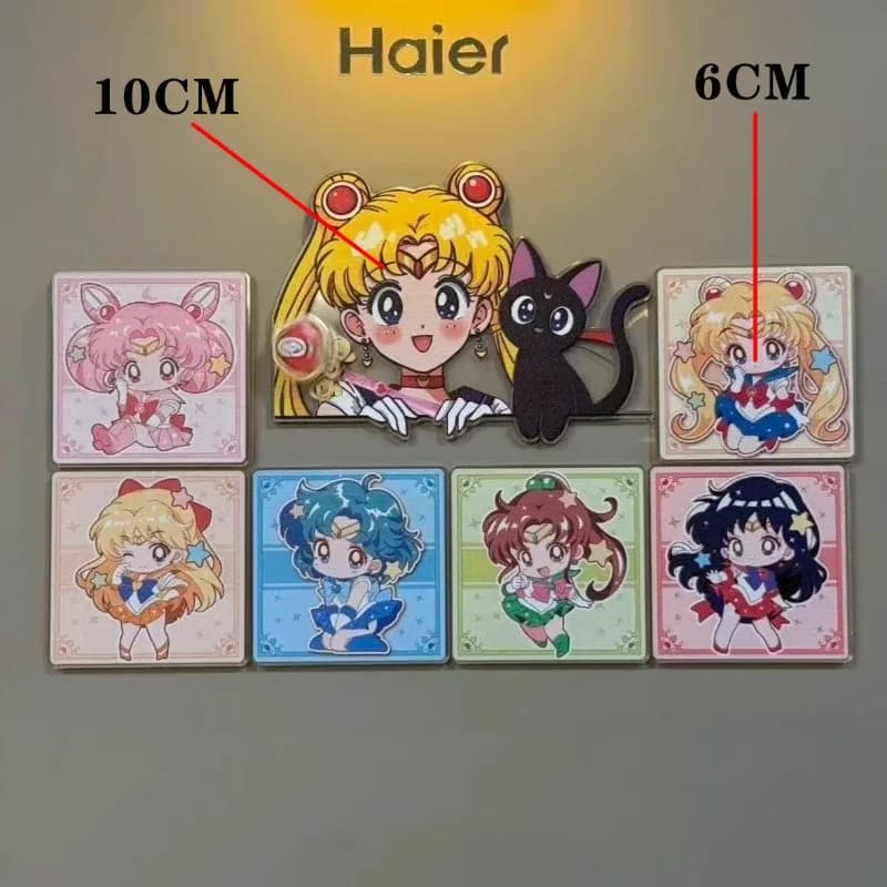 7Pcs/set Sailor Moon Anime Cartoon Heart Magnetic Rotating Fridge Magnets Cute Decorative Stickers for Home Decoration Gift