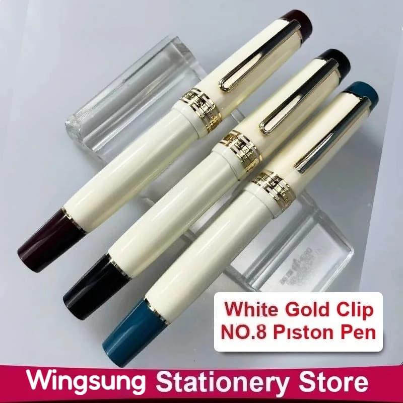 Bianco limitato! WingSung 630 Penna stilografica a pistone in resina grande N0.8 Iraurita EF/F/M Pennino con clip in oro Penna regalo per scrittura per studenti d'affari