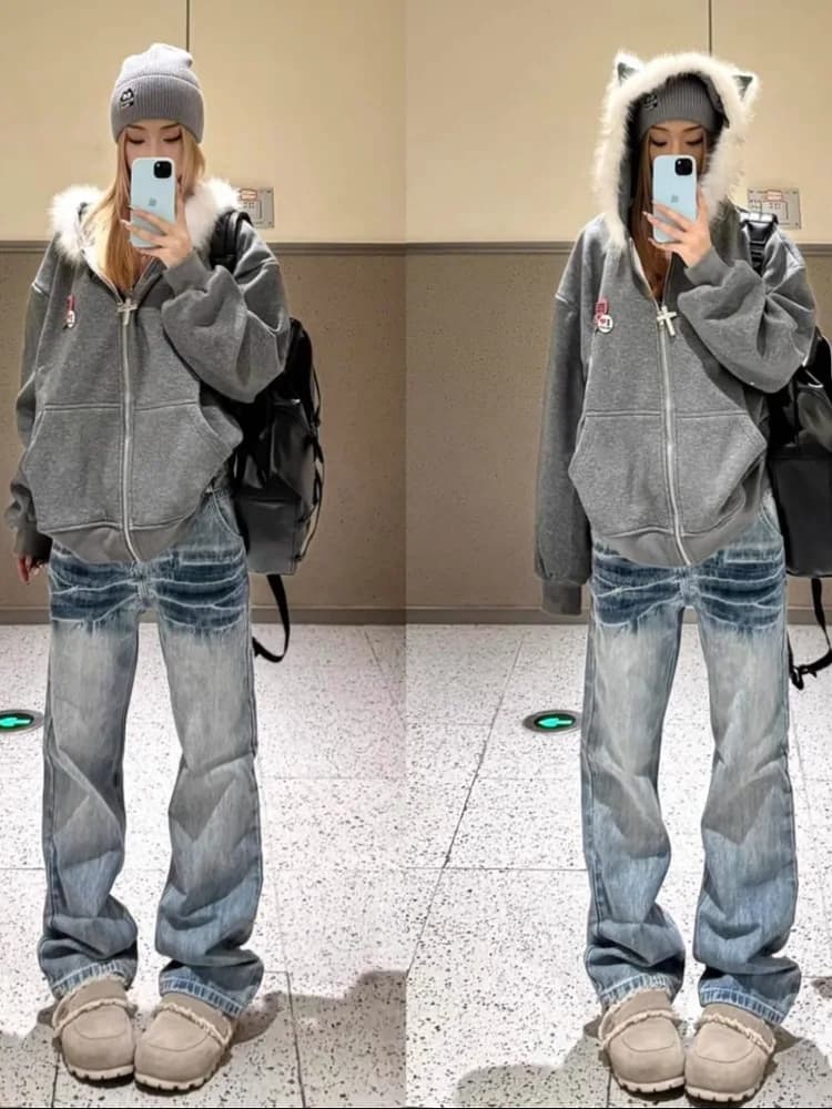 Slim Straight Jeans Light Blue Lightning Pattern Men's Women's Cleanfit American High Street Vibe Flared Pants Casual Jeans