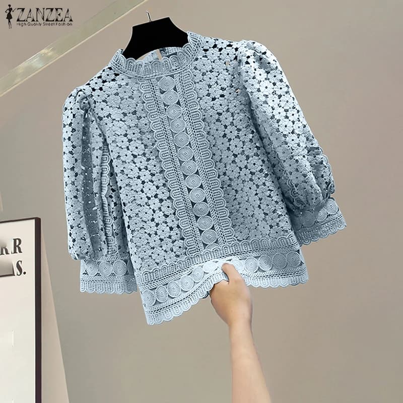 ZANZEA Camicetta Elegante da Donna in Pizzo con Maniche a 3/4 a Sbuffo, Tinta Unita, Tunica Estiva 2026, Scollo a O, Trasparente, Casual, per Ufficio