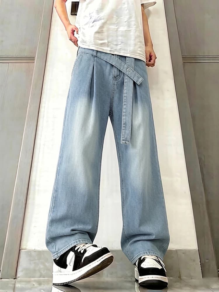 Jeans Americani Azzurri da Uomo con Design a Cintura, Gamba Dritta e Leggero Svasamento, Stile High Street Cool Vibe