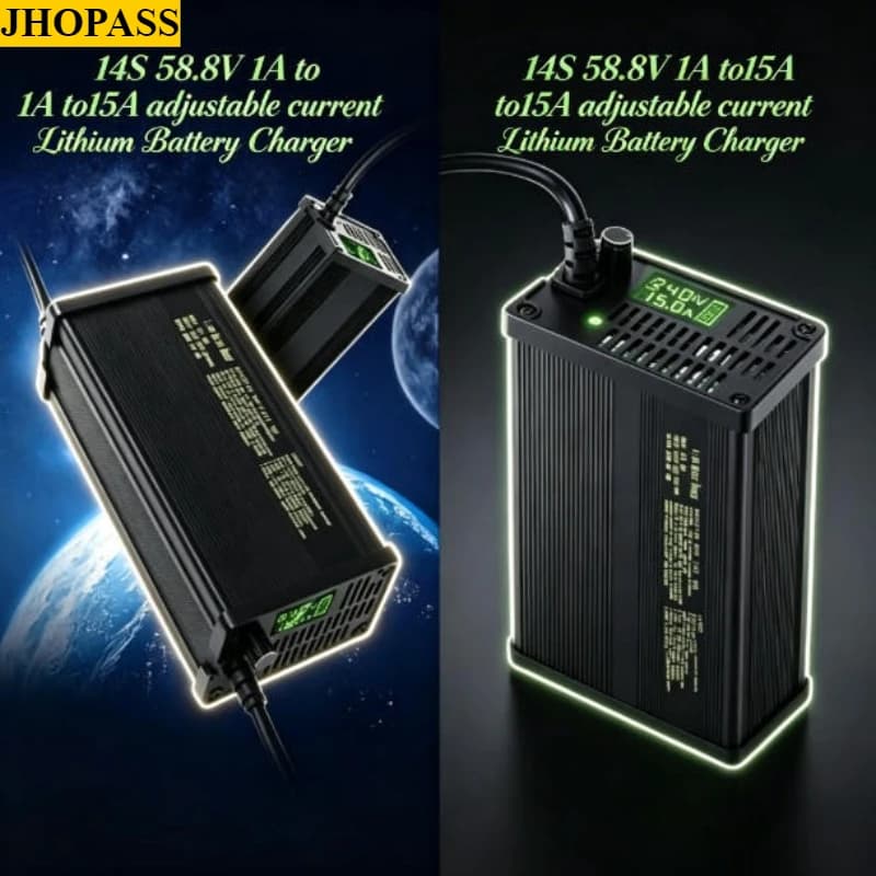 Caricabatterie al litio LiFePO4 HD Smart 14S con corrente regolabile 220V LCD 58.8V 1A-15A per carrelli elevatori e lavasciuga pavimenti, con spina UK US EU AU