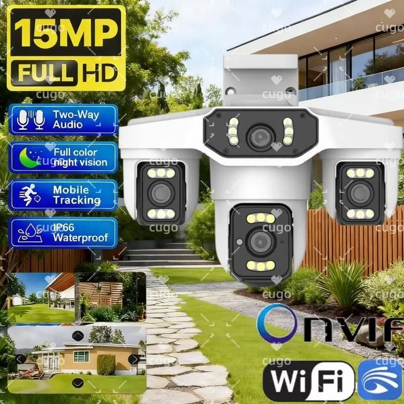 Telecamera IP WiFi 8K da 15MP con Tre Obiettivi PTZ per Esterni, Quattro Lenti, Smart Home Wireless HD, Visione Notturna, Telecamera di Sicurezza CCTV Onvif Yoosee