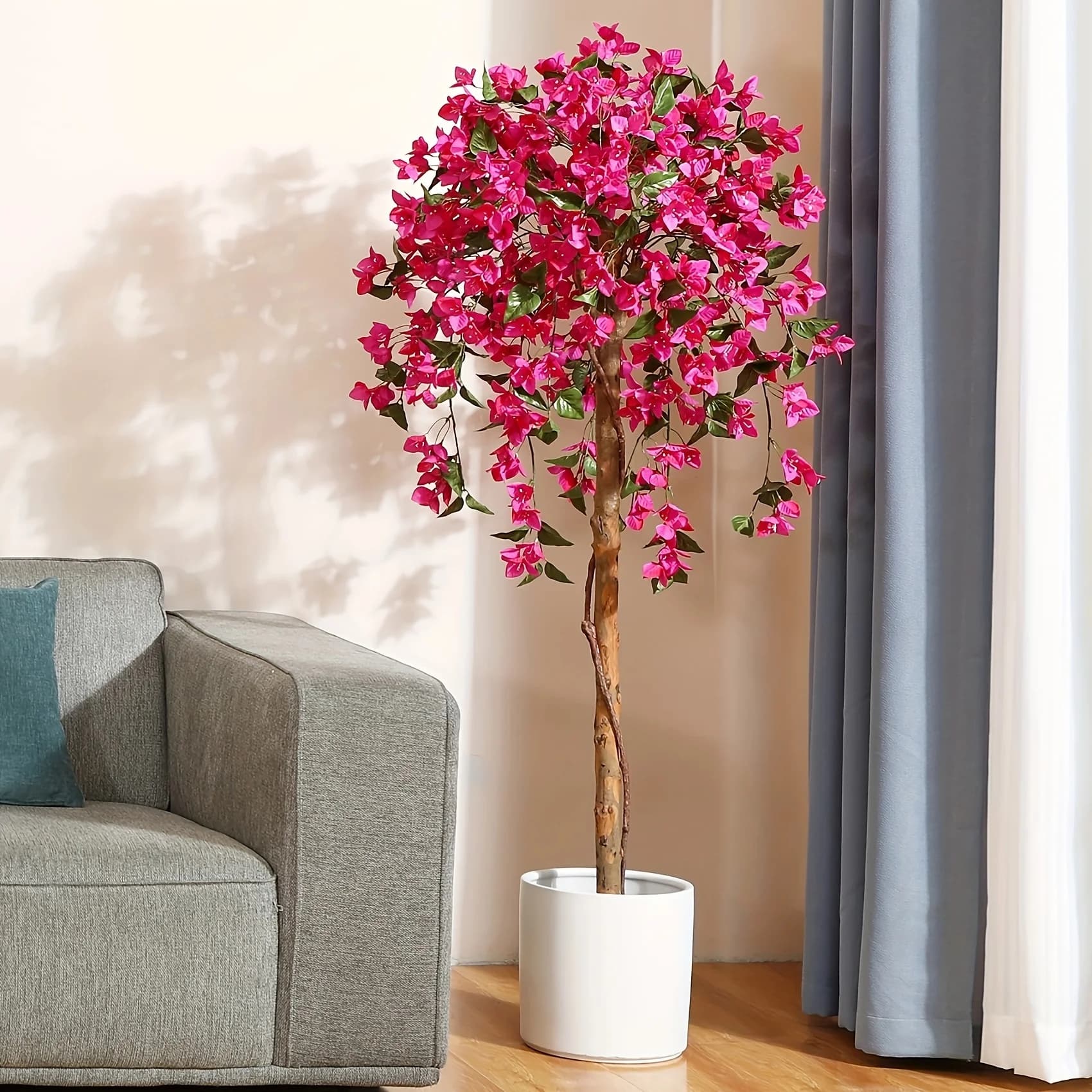 Pink Faux Bougainvillea Tree with Natural-Looking Wood Trunk – Realistic Potted Artificial Plant for Living Room, Bedroom or Entryway Decor