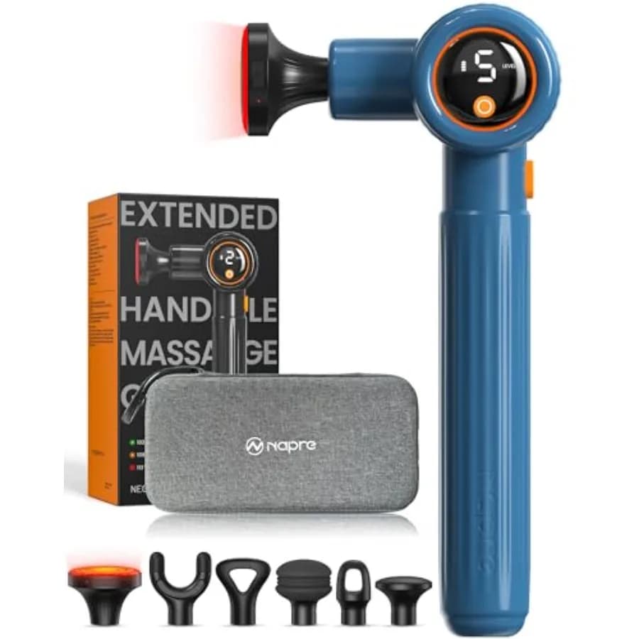 Deep Textile Massage Gun for Home and Travel, Blue ABS Plastic Body with Elongable Ergonomic Handle, 3 Integrated Adjustable Corners.