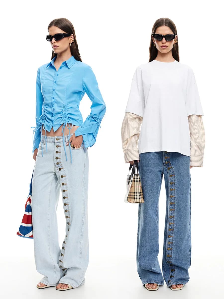 Low Waist Button Denim Pants Women's Straight Leg Jeans Personality Trendy Casual High Waist Slim Fit Autumn Season Ladies