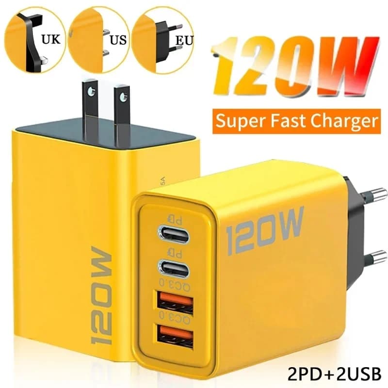 Caricatore Rapido USB C PD a 4 Porte 120W con QC 3.0, Adattatore da Viaggio per iPhone Samsung Xiaomi Huawei con Spina US EU UK