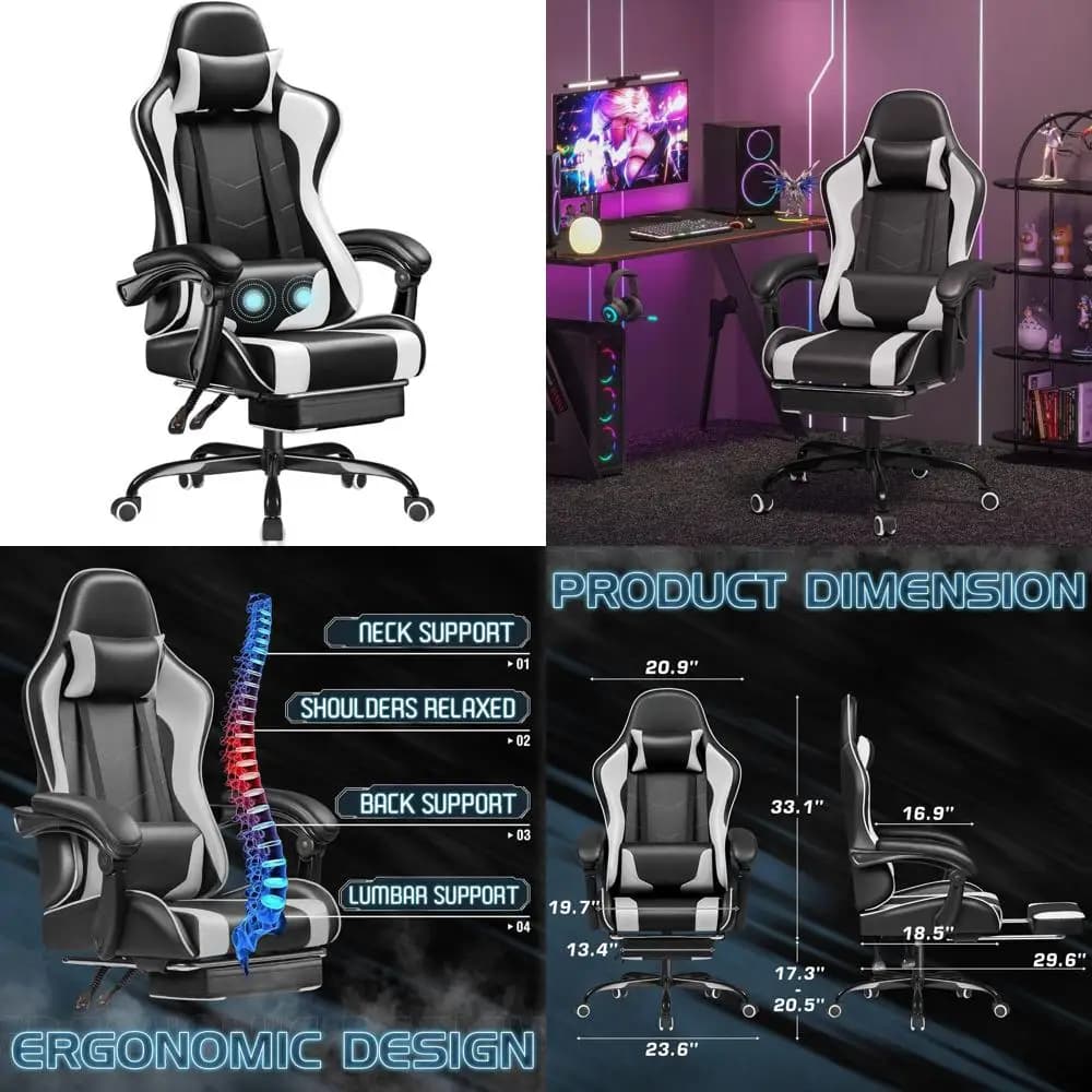 Sedia da Gaming Ergonomica con Supporto Lombare, Reclinabile e Massaggiante, Sedile Girevole ad Altezza Regolabile (Bianca)