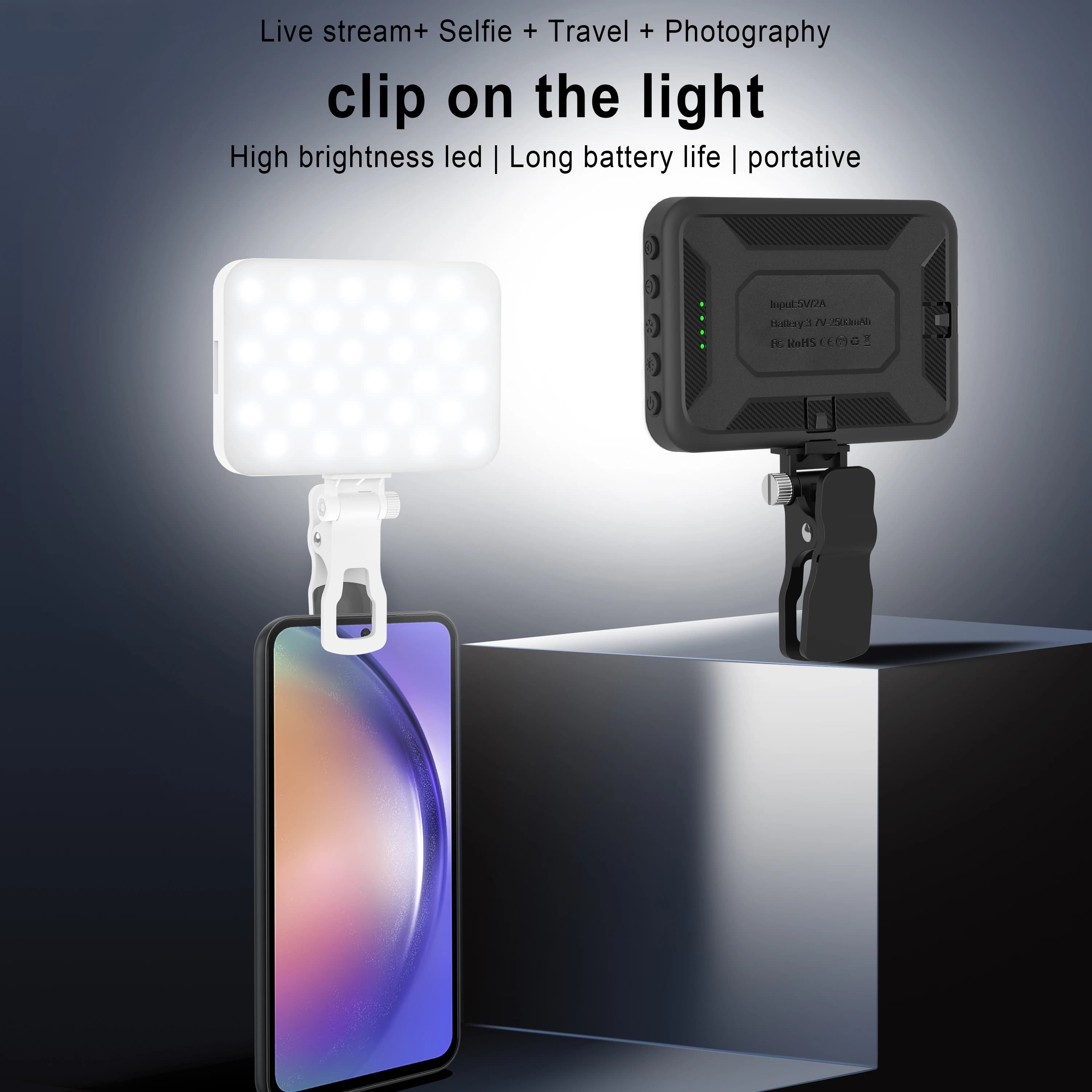 LED Selfie Light 60 High quality LED beads 2500mAh rechargeable CRI 97 +, 7 modes portable lighting on the light for phone/Tablet/Laptop