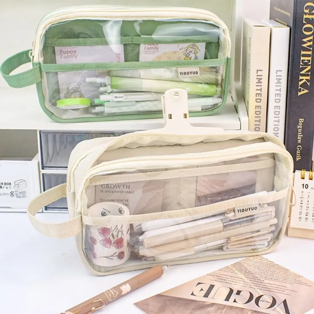 Creative 5 Grid Transparent Pencil Case DIY Large Capacity Transparent Pen Bag Macaron Zipper Stationery Box Friend