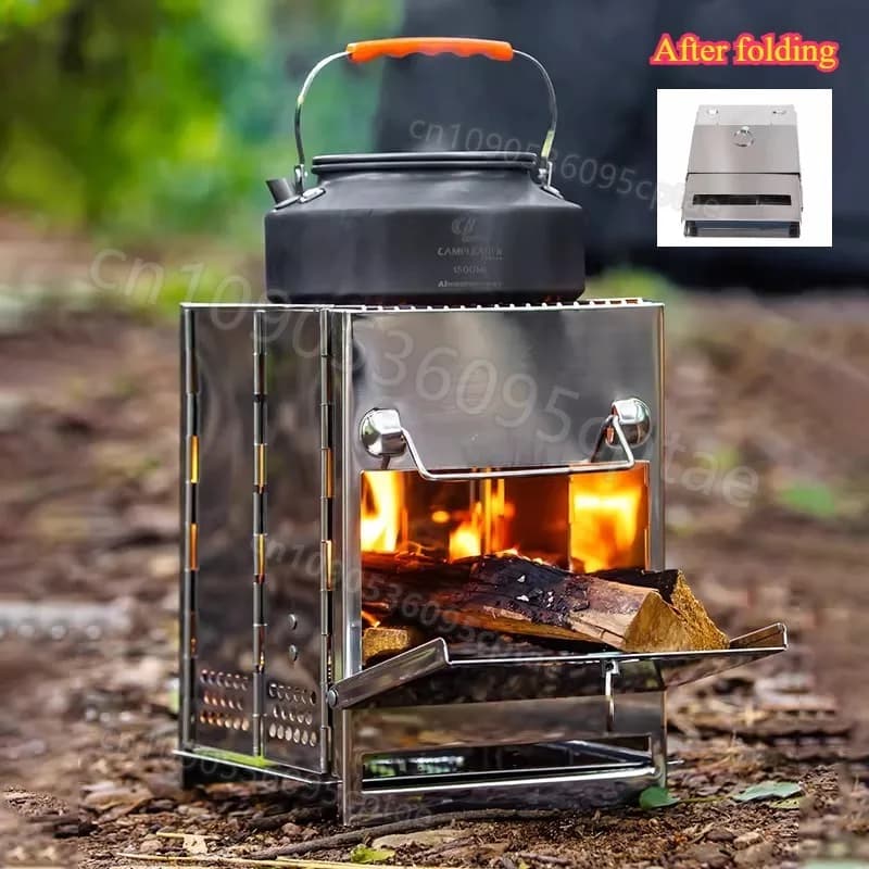 Stufa a legna pieghevole portatile in acciaio inossidabile, fornello da campeggio pieghevole per cucinare all'aperto, escursioni, barbecue, picnic, sopravvivenza