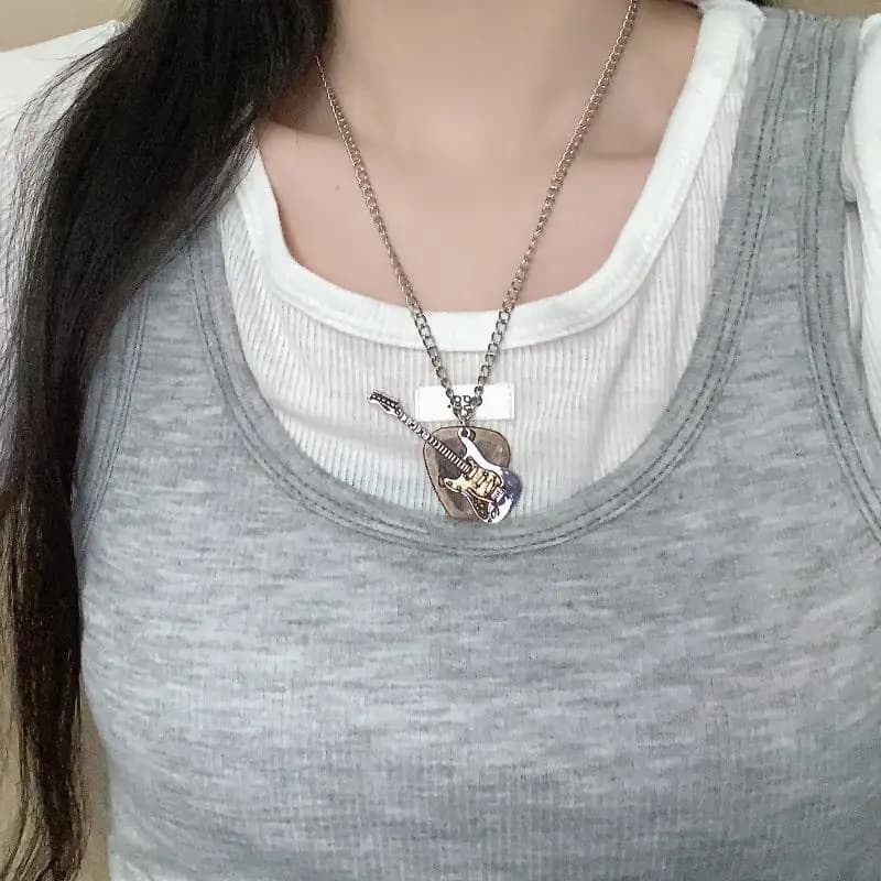 Collana con Ciondolo a Forma di Plettro per Chitarra Elettrica e Basso in Acciaio Inossidabile, 1 Pezzo, Gioiello alla Moda, Accessorio Punk Rock Hip-hop, Catena Lunga per Maglione