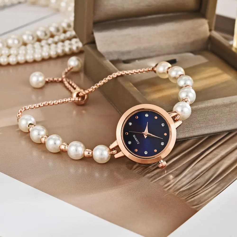 Minimalist wrist watch with Pearl Bracelet for Women, Luxury accessory with Small Dial and Adjustable Strap