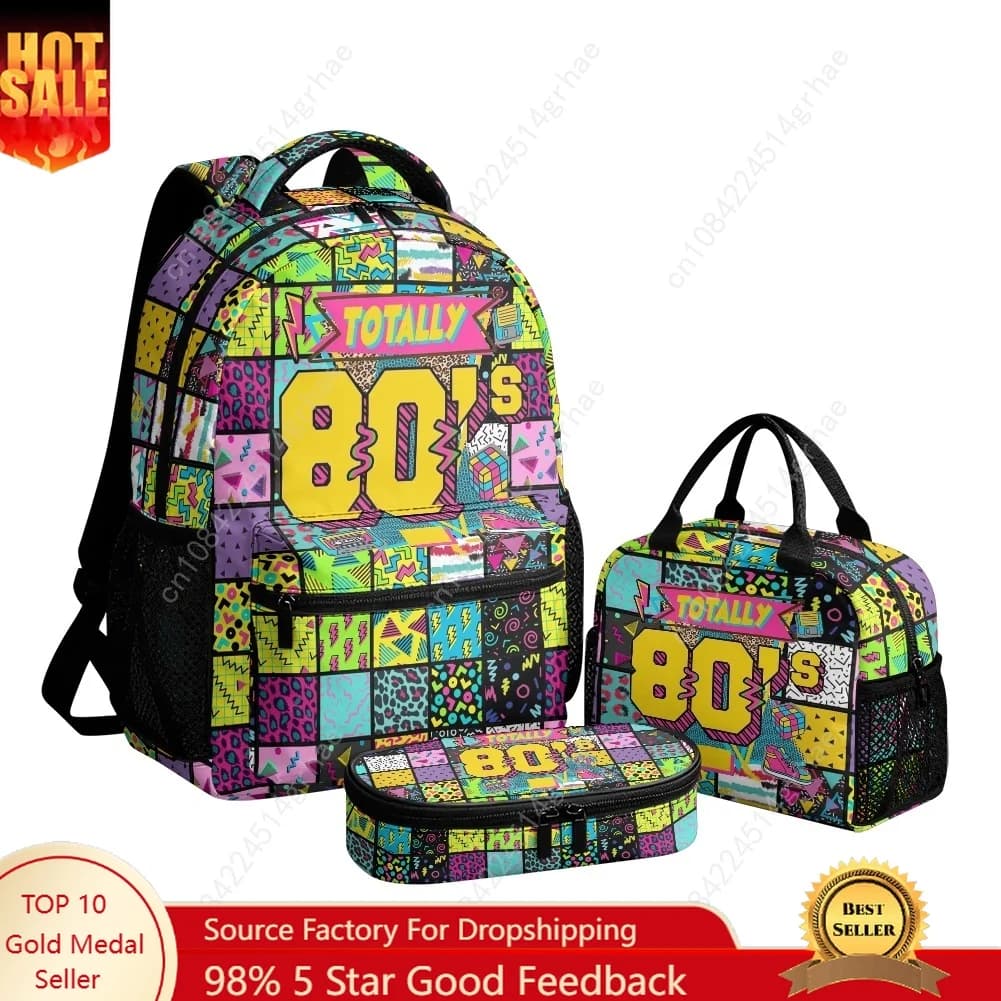 Funny Retro 80s 90s Icons Custom Leisure All-Over Print 3-Piece Backpack Set (Includes Backpack, Lunch Bag, and Pencil Case)