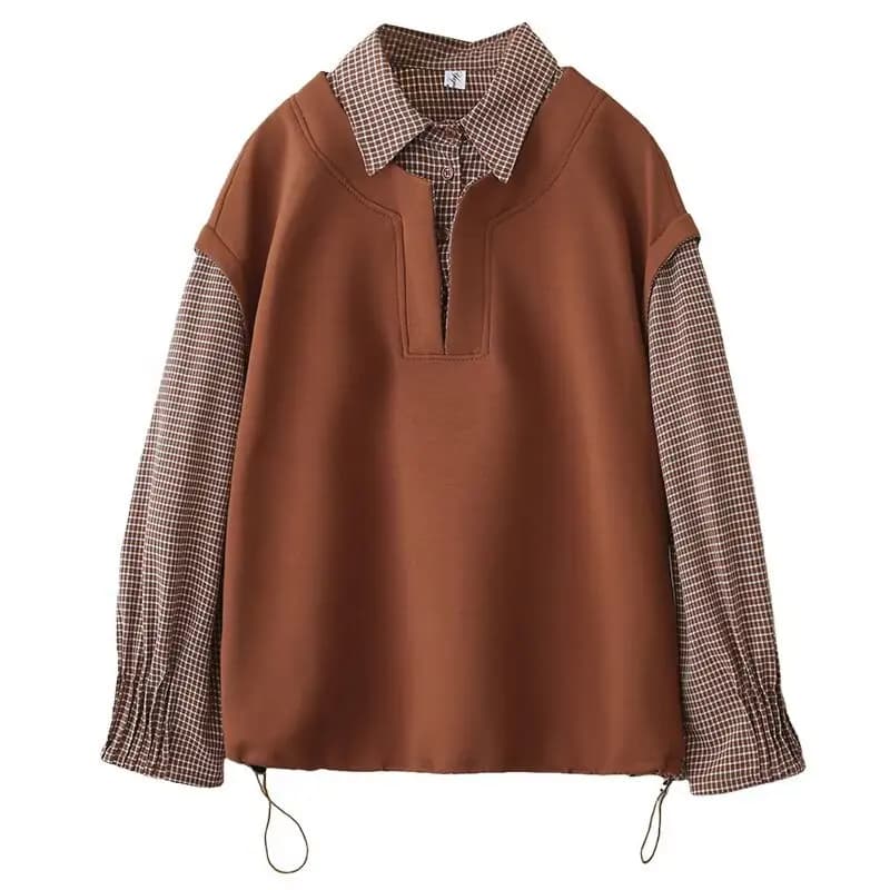 Felpa Casual con Cappuccio e Collo a Polo da Donna Taglie Forti, con Due Top a Quadri Patchwork, Collezione Primavera 2026 - Modello 2602